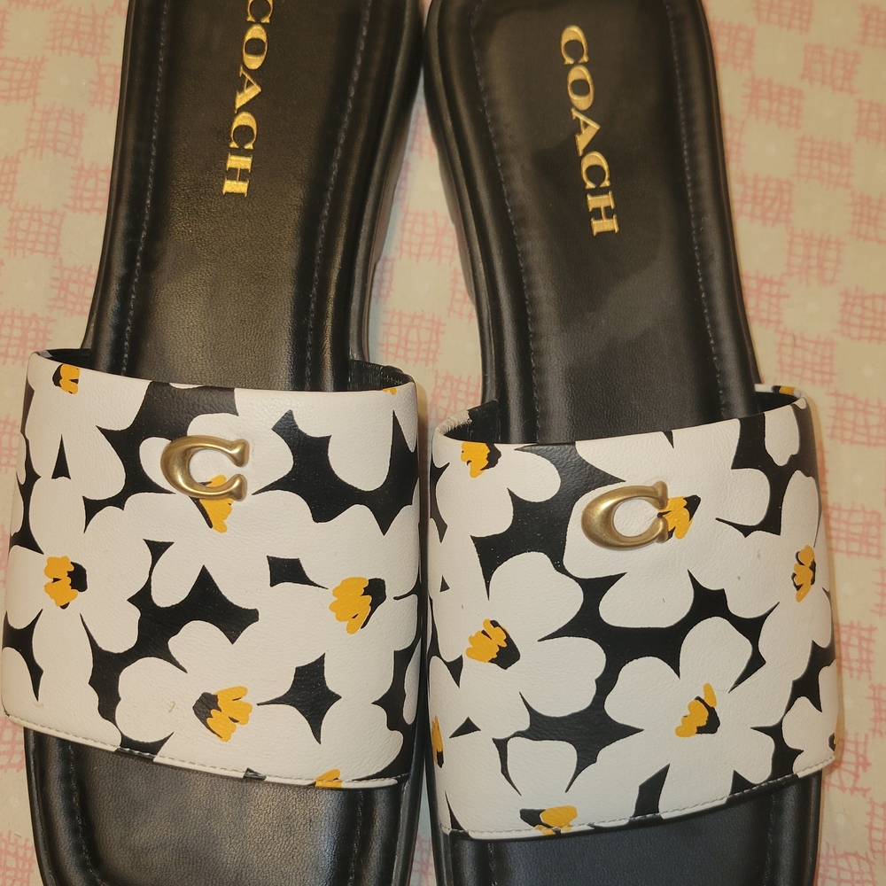 Coach Florence Leather Floral Black and White Slide Sandals